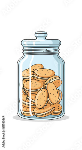 A large clear glass jar filled with many delicious oval shaped cream filled biscuits stacked high