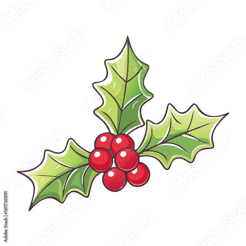 Charming sprig of holly with bright red berries and vibrant green leaves. Sprig of holly offers seasonal warmth and Christmas cheer, perfect for holiday cards, invitations, or decorations.