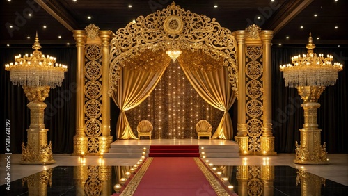 Opulent Gold Wedding Stage Decor:  Grand Arch,  Candles,  Red Carpet,  Luxury Event Setting