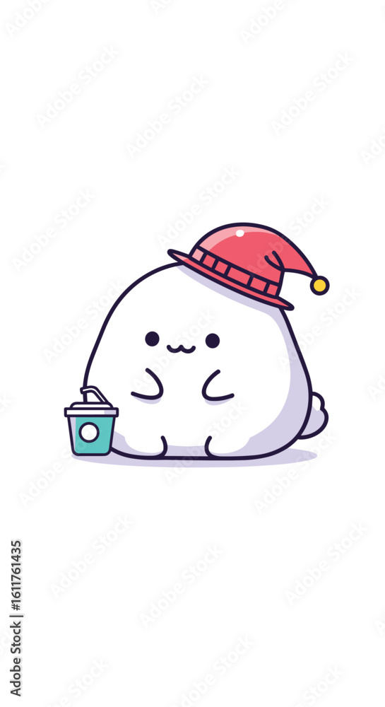 Fototapeta premium Cute snowball creature enjoying a warm drink wearing a festive hat