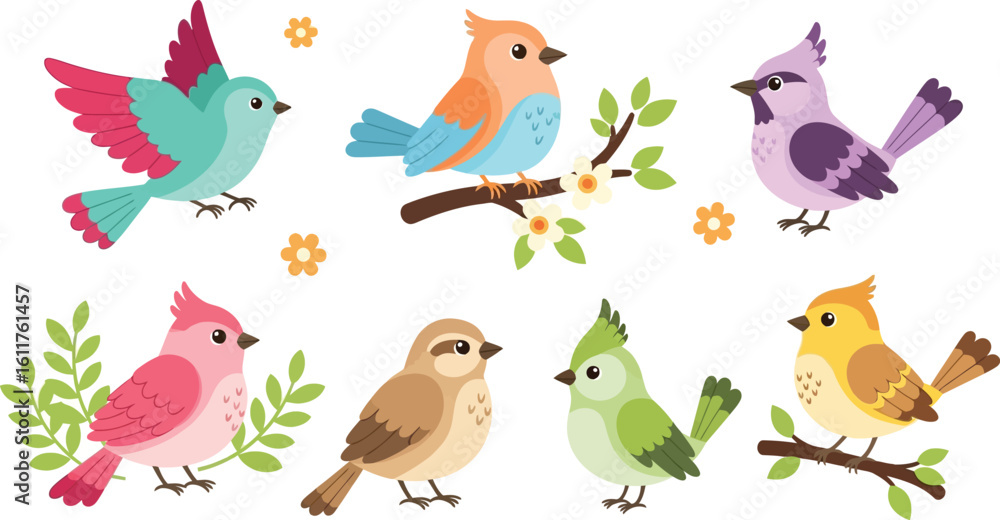 Fototapeta premium Cute colorful birds vector illustration set for spring design and decoration