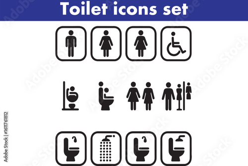 Toilet icons set, common male female restroom, handicap wheelchair access, sanitizer liquid soap, WC direction, baby changing table room, toilet signs, WC signs collection