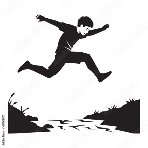 Silhouette of a boy leaping over river representing adventure and achievement in nature