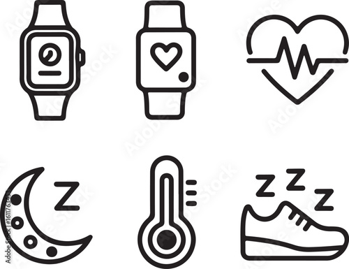 Health Monitoring & Wearable Tech Line Icons Smart Watch, Heart Rate, Sleep Tracker, Fitness Band, Body Temperature, Step Counter