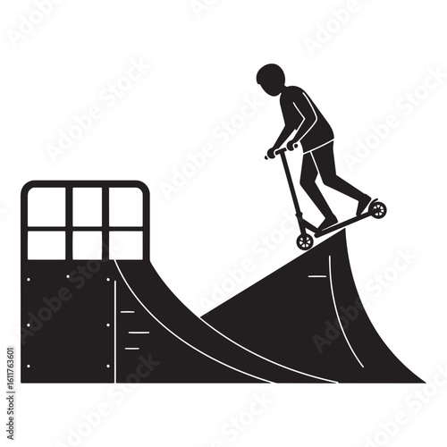 Silhouette of a person riding a scooter on a ramp in a skate park setting