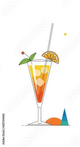 Refreshing orange tropical drink with ice and mint garnish on a sunny day