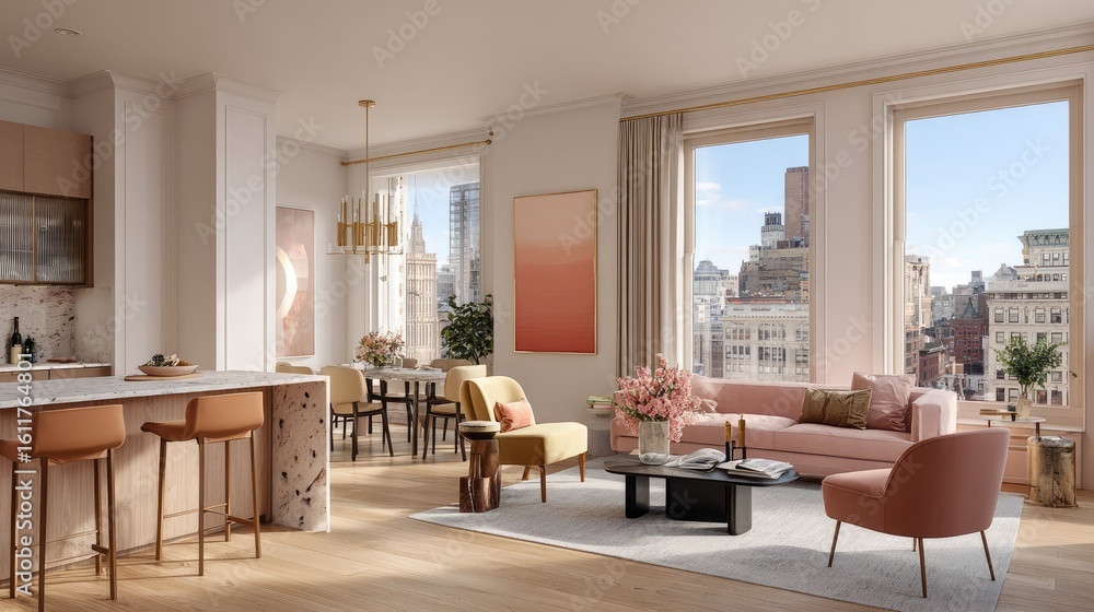 Fototapeta premium Open-plan living space with city views.