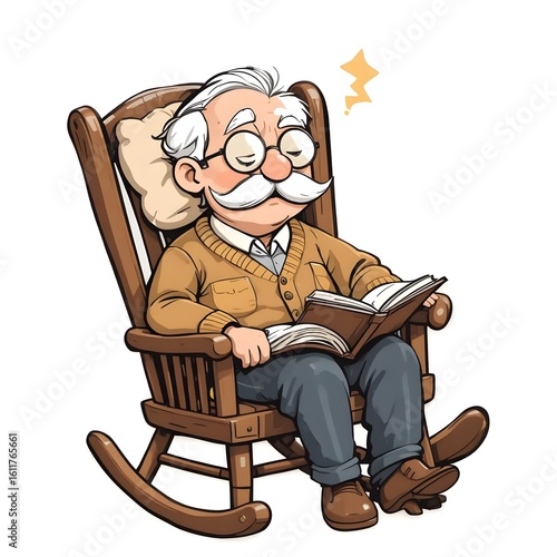A Senior Gentleman Napping Peacefully in His Rocking Chair While Reading a Book, Enjoying a Moment of Tranquility and Relaxation