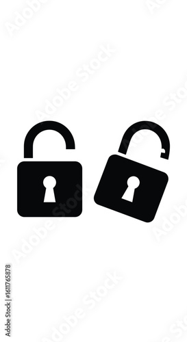 Two black padlocks one locked one unlocked showing security protection and access concepts