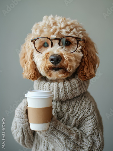 Adorable goldendoodle wearing glasses and cozy sweater holding a coffee cup