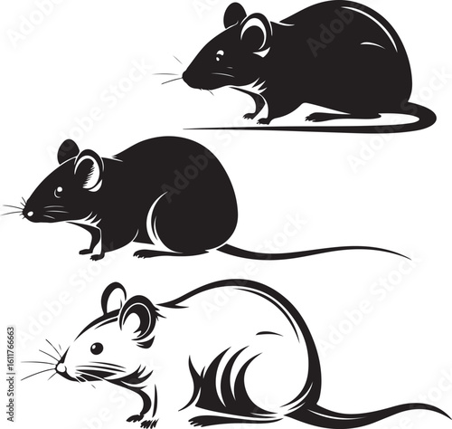Monochrome Mice Trio Vector Illustration Rodent Family Isolated on White Background Artistic Silhouette Design Wildlife Fauna Creative Composition