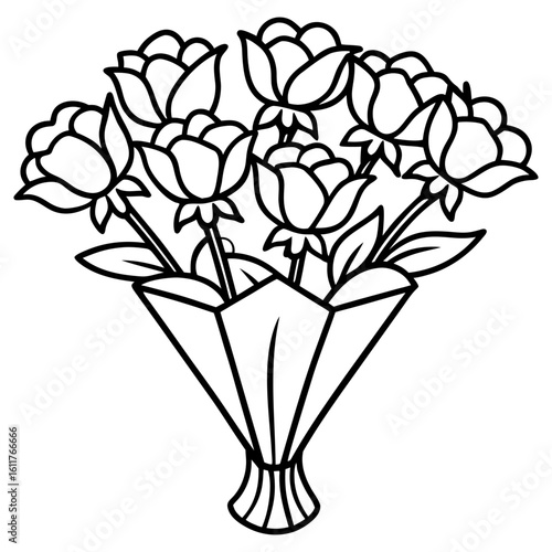 A bouquet of roses is presented in a black and white line drawing isolated on white background