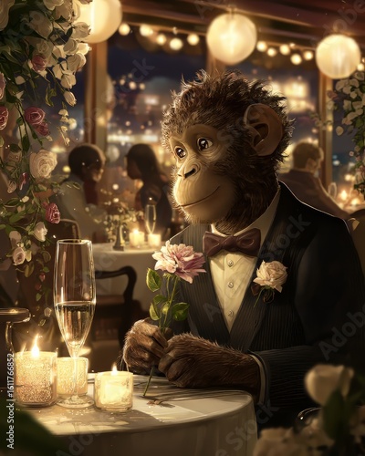 Comedic Monkey on a Fancy Dinner Date with Bow Tie and Flower – Romantic Animal Scene in Candlelight Restaurant Setting