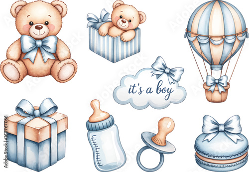 Baby shower elements with teddy, balloon and gift. Watercolor Illustration Set newborn baby. 
