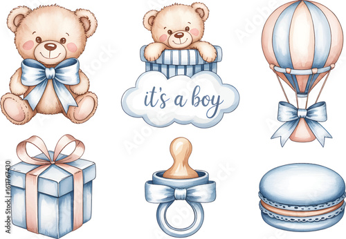 Baby shower elements with teddy, balloon and gift. Watercolor Illustration Set newborn baby. 
