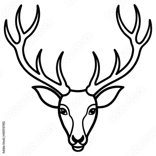 A simple black and white line drawing depicts a deer head with large antlers isolated on white background