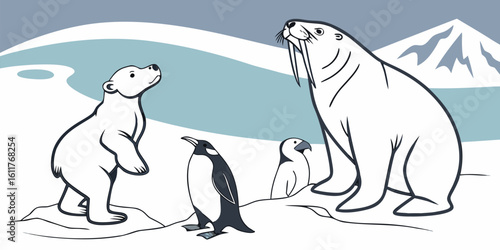 Vector  illustration of a polar bear, walrus, and penguins in an arctic landscape with snow and mountains