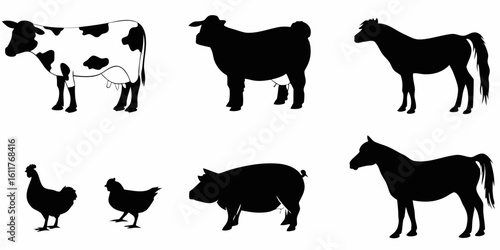 Vector  silhouettes of farm animals including cows horses chickens and a pig arranged on a white background