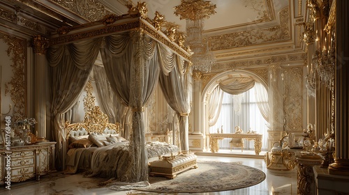 A regal bedroom with a gold canopy bed, shimmering chandelier, and ornate accents creates a luxurious and royal ambiance
