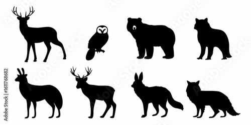Vector  silhouette illustration featuring a deer owl bear wildcat chamois reindeer hare and fox animals in black
