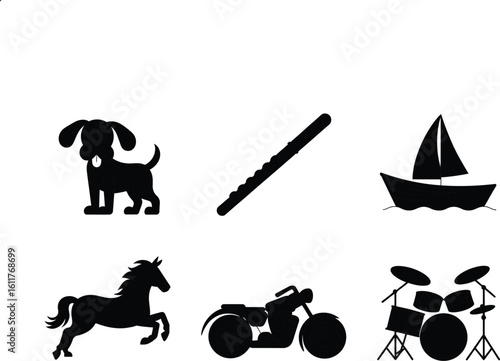 Black silhouettes of a dog a flute a sailboat a horse a motorcycle and a drum kit