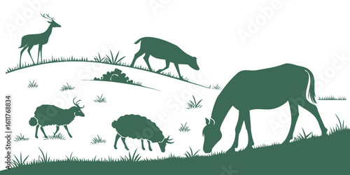 Vector  silhouette of deer and sheep grazing on a grassy hillside in a monochrome green landscape scene image