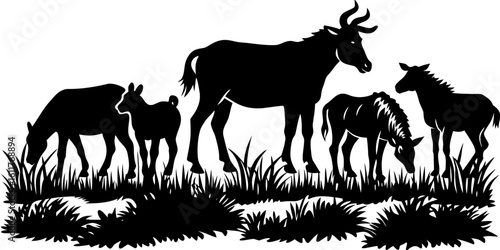 Vector  silhouette of a herd of ungulates including a wildebeest and a zebra grazing in tall grass field