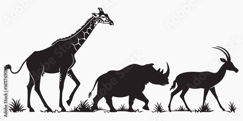 Vector  silhouette illustration of a giraffe rhino and antelope walking through grass in a line on white background