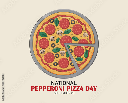 National Pepperoni Pizza Day vector. Salami pizza vector. Pepperoni Pizza Day Poster, September 20. Pieces of pizza icon. American food