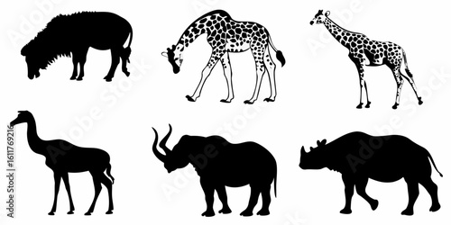 Vector  silhouette illustration showing a warthog giraffes gerenuk and rhinoceros on a white background