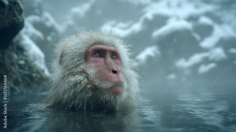 Naklejka premium Japanese Snow Monkey Relaxing in Hot Spring Surrounded by Snow and Steam – Serene Winter Wildlife Scene