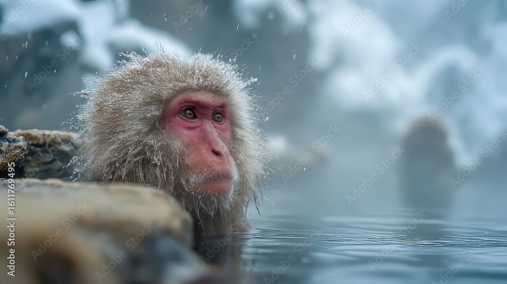 Naklejka premium Japanese Snow Monkey Relaxing in Hot Spring Surrounded by Snow and Steam – Serene Winter Wildlife Scene