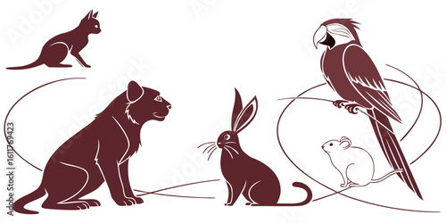 Vector  illustration of a cat, a lion, a rabbit, a parrot, and a mouse in brown and white with swirling lines