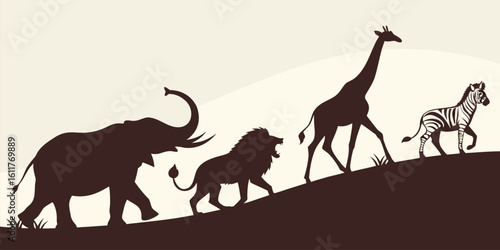 Vector  silhouette of african animals including elephant lion giraffe and zebra walking on a hill in the wild