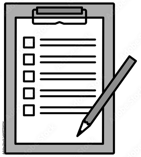 アンケートのチェックリスト、ペンとバインダーのイラスト白黒