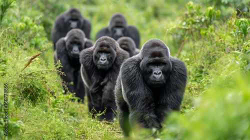 Fototapeta Naklejka Na Ścianę i Meble -  Group of Gorillas Moving Quietly Through Thick Jungle Led by Dominant Silverback