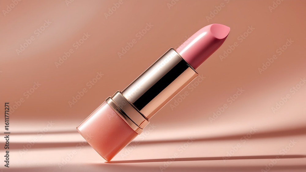 Obraz premium Elegant pink lipstick with metallic accents on a soft textured rose gold background