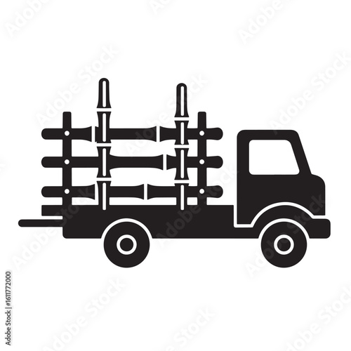 Black and white vector illustration of a truck transporting bamboo poles and equipment