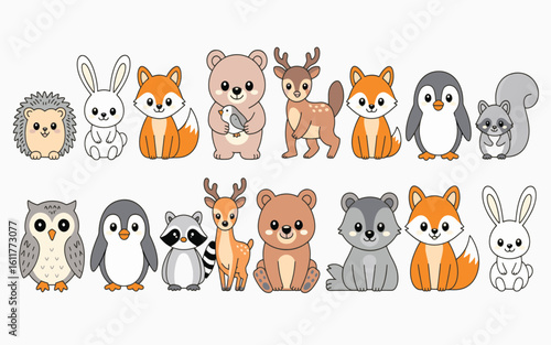 A cute cartoon illustration of 15 woodland animals arranged in two rows against a light gray background