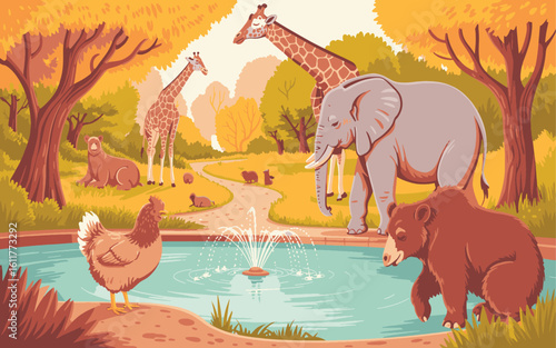 A detailed, painterly illustration depicting a serene zoo enclosure bathed in the warm glow of golden hour 