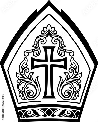 Ornate Black and White Vector Pope Mitre with Elegant Cross and Floral Decoration