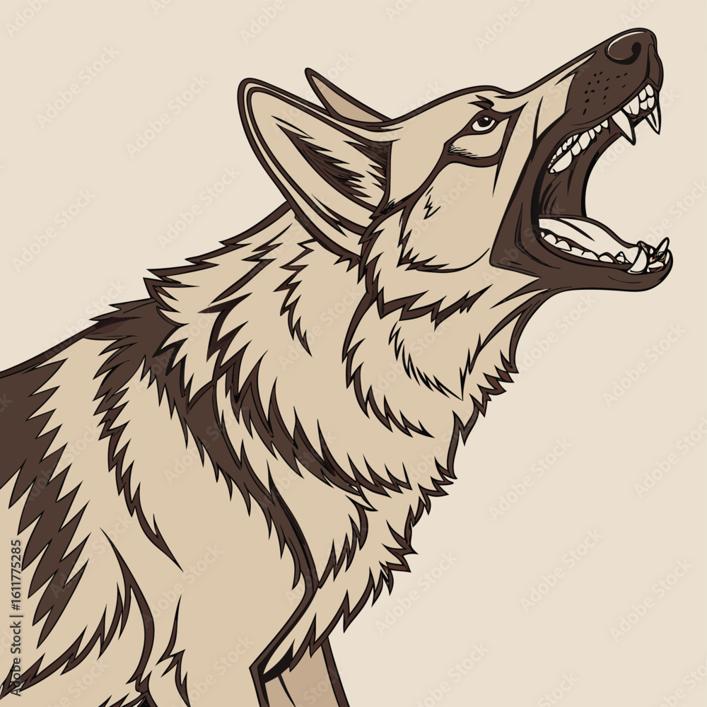 Fototapeta premium Howling Wolf or German Shepherd Dog Head Profile with Open Mouth and Sharp Teeth