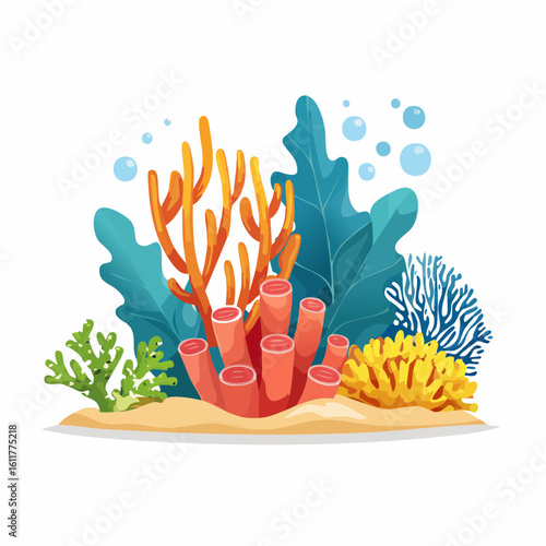 Vibrant coral reef ecosystem illustration with marine plants and aquatic life