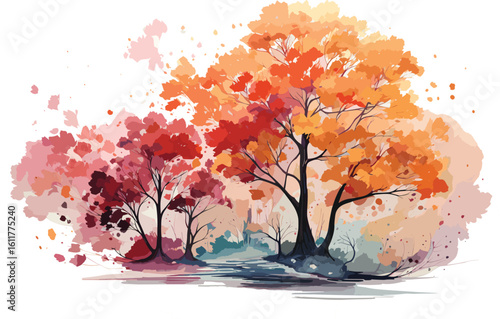 Oil painting colorful autumn season. Semi abstract image of forest, trees with yellow and red leaf with oil paint. Fall season nature background. Hand Painted Impressionist, outdoor landscape vector 