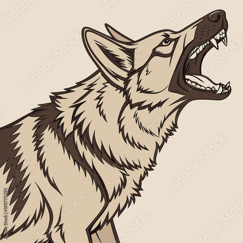 Howling Wolf or German Shepherd Dog Head Profile with Open Mouth and Sharp Teeth