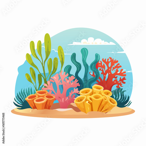 Vibrant underwater scene depicting colorful coral reefs and diverse marine vegetation