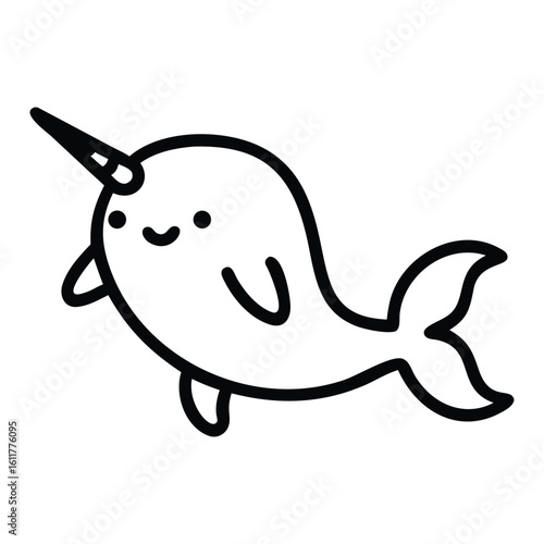 Cute cartoon narwhal with a single horn and smiling face whale unicorn of the sea