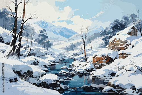 Serene winter landscape with snow-covered trees lining a winding river under a clear, bright sky.
