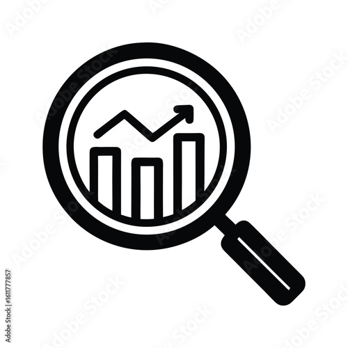 Magnifying glass over bar chart with upward trending arrow graph data