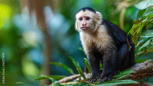 Curious Capuchin Monkey Close-Up on Log with Tropical Background